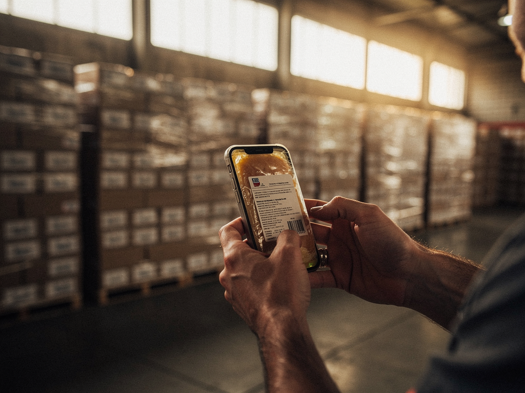 Warehouse worker scanning donated goods with a smartphone
