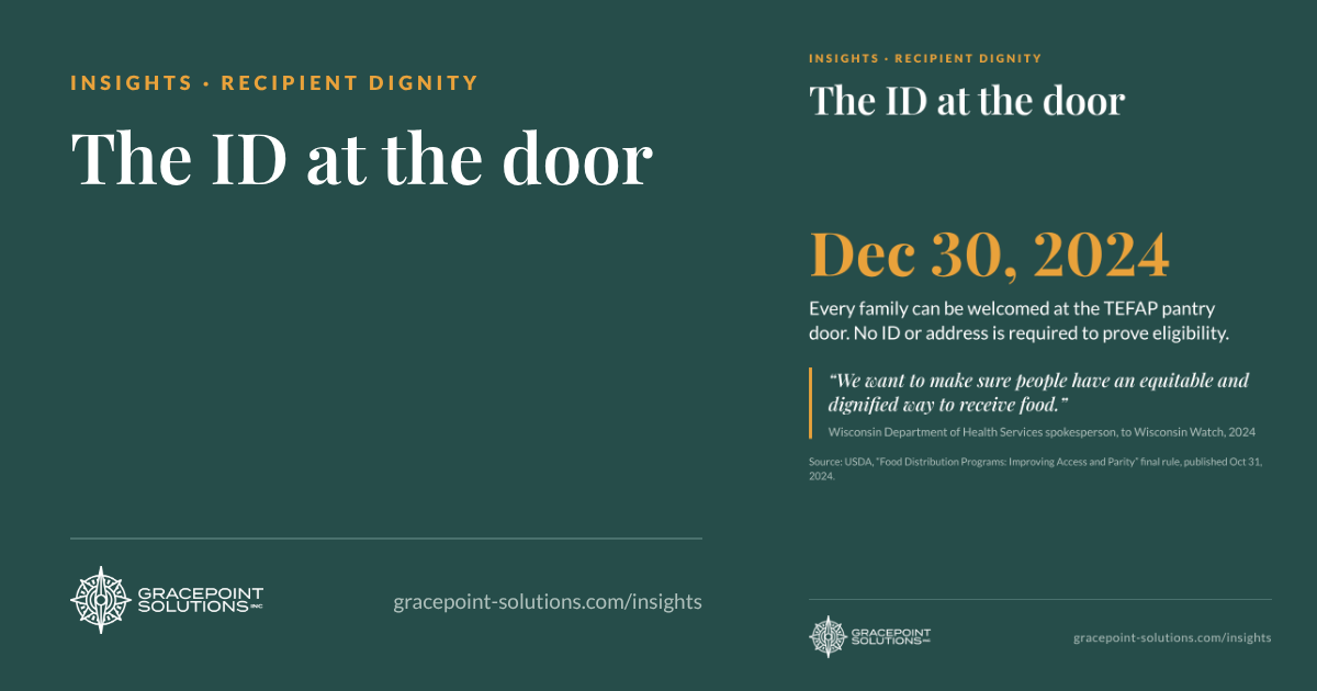 Since December 30, 2024, every family can be welcomed at the TEFAP pantry door with no ID or address required to prove eligibility, under a USDA final rule.